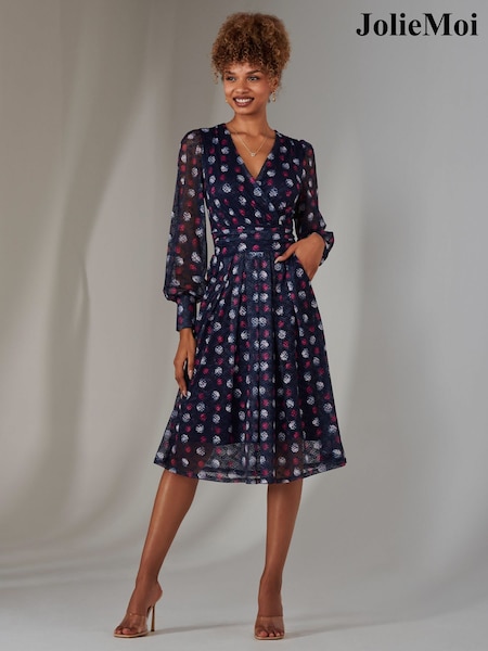 Jolie Moi Blue Dark Long Sleeve Lace Print Midi Dress (F60742) | ₪392