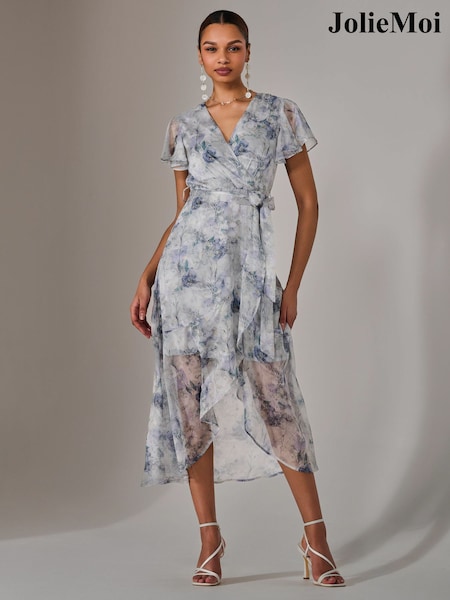 Jolie Moi Blue Chiffon Wrap Midi Dress (F60744) | €102