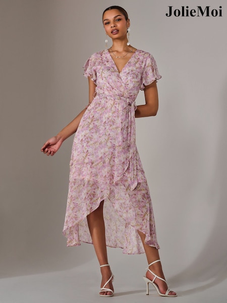 Jolie Moi Pink Light Chiffon Wrap Midi Dress (F60746) | €92