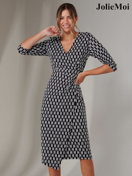Jolie Moi Black 3/4 Sleeve Wrap Shift Dress (F60749) | $157