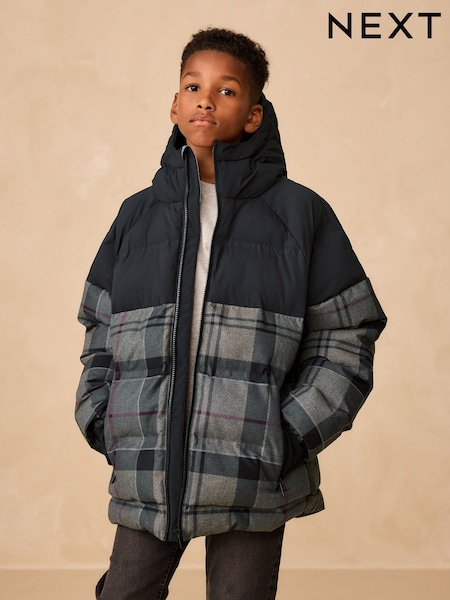 Black Check Shower Resistant Microfleece Lined Padded Coat (3-17yrs) (F60756) | AED163 - AED213