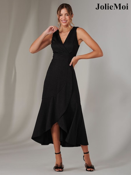 Negru - Rochie lungă petrecută cu tiv cu volane Jolie Moi (F60780) | 581 LEI