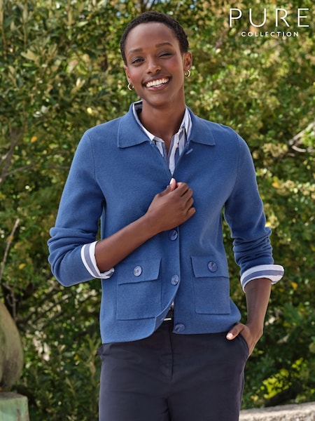 Pure Collection Blue Cotton Wool Blend Milano Button Through Jacket (F60824) | €154