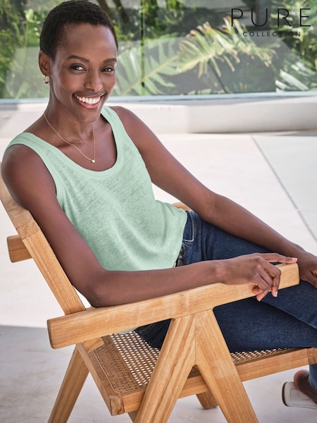 Pure Collection Green Luxury 100% Linen Vest with Coverstitch Detail & Shaped Hemline (F60836) | €51