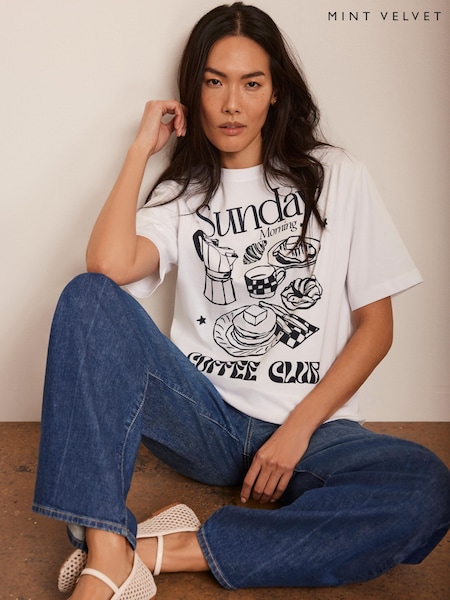 Mint Velvet Oversized Sunday Coffee Club 100% Cotton T-Shirt (F60897) | €71