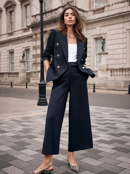 Mint Velvet Blue Pleated Cropped Trousers (F60931) | ₪448