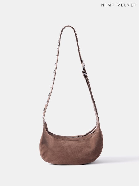 Mint Velvet Brown Suede Studded Shoulder Bag (F60935) | €165