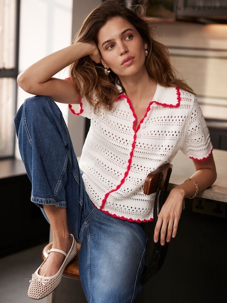 Mint Velvet White Contrast Trim 100% Cotton White Polo Top (F60958) | AED518
