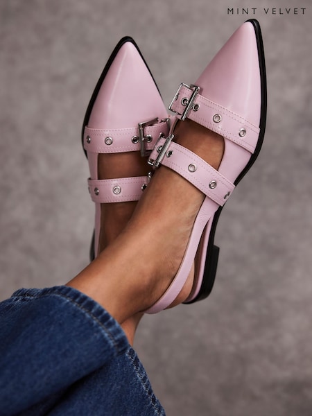 Mint Velvet Pink Leather Buckled Flat Shoes (F60960) | ₪553