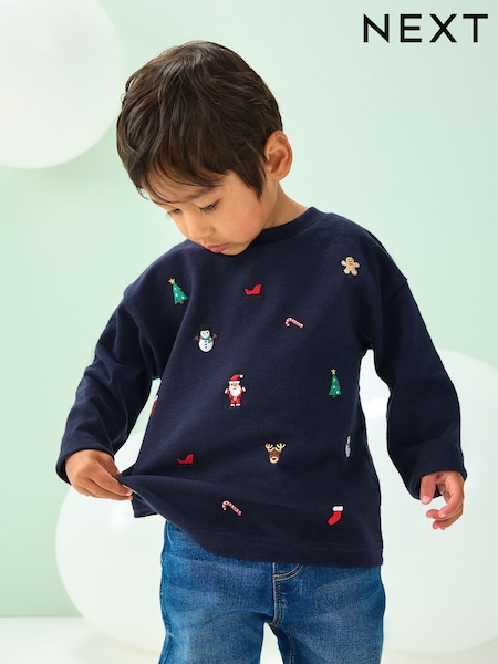 Navy All-Over Embroidered Christmas Long Sleeve T-Shirt (3mths-7yrs) (F61397) | R$ 85 - R$ 100