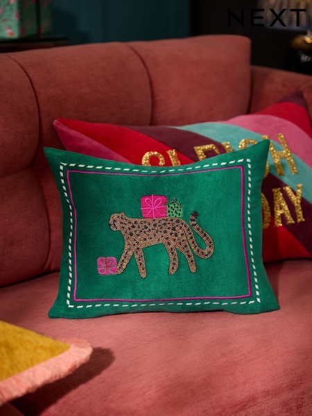 Emerald Green 30 x 40cm Beaded Leopard Print Christmas Cushion (F61470) | 118 QAR