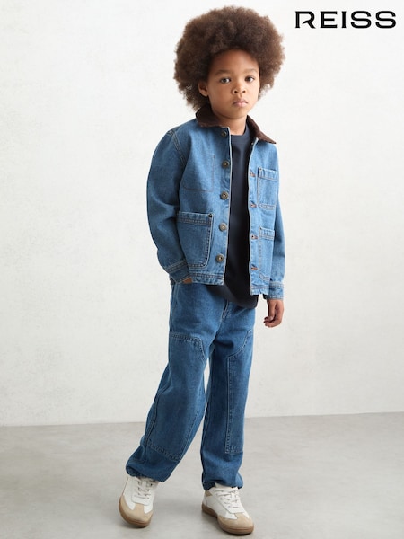 Reiss Mid Blue Herman Corduroy Collar Denim Jacket (F61545) | AED418