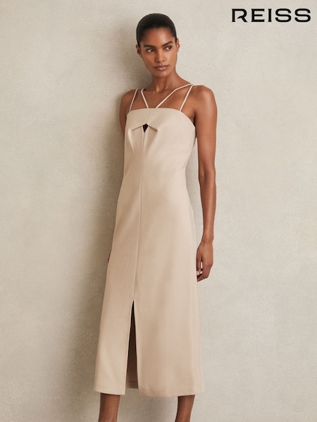 Reiss Stone Neutral Juni Double Strap Cut Out Midi Dress (F61550) | €295