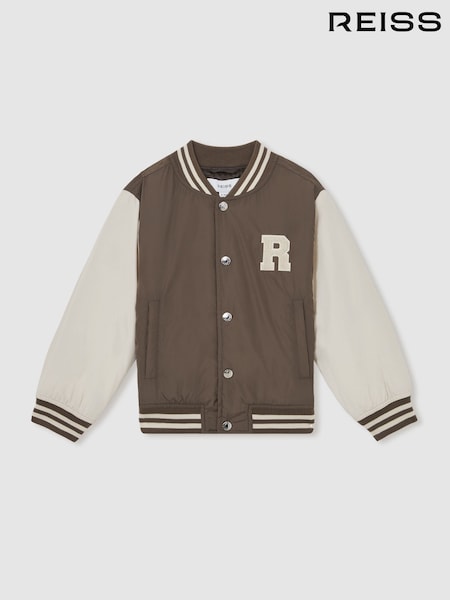 Reiss Mink Brown/Off White Arkan Colourblock Varsity Bomber Jacket (F61555) | €95