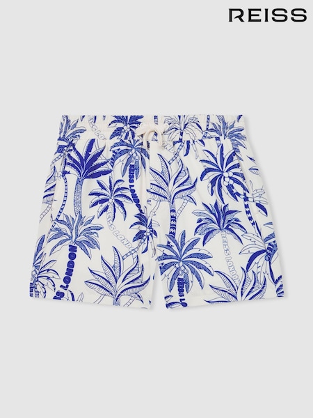 White/French Blue - Reiss Ganetti Palm-Print Swim Shorts (F61568) | kr601