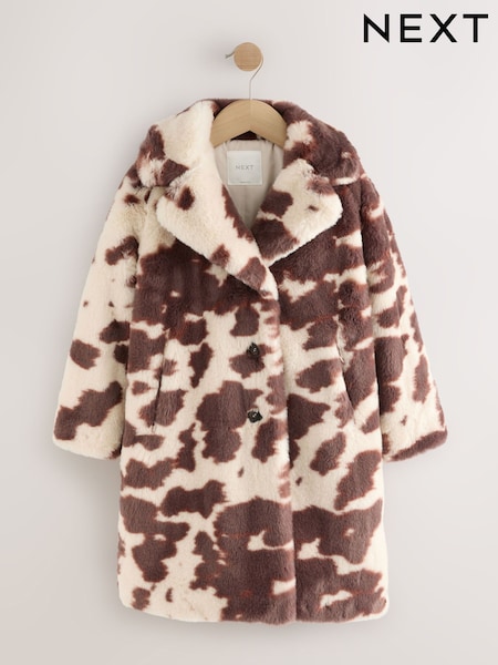 Brown/Cream Faux Fur Longer Length Coat (3-16yrs) (F61577) | €45 - €57