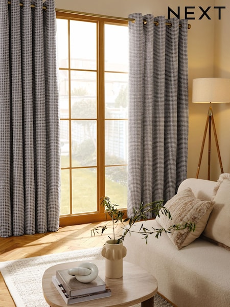 Grey Chunky Textured Check Eyelet Lined Curtains (F61581) | €95 - €221
