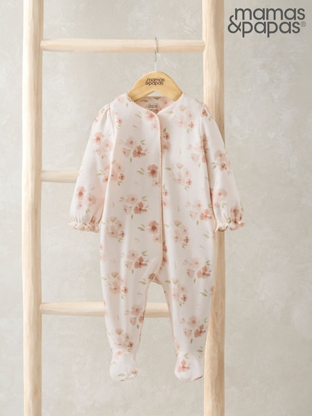 Mamas & Papas Pink 100% Cotton Floral Print Sleepsuit (F61671) | kr257