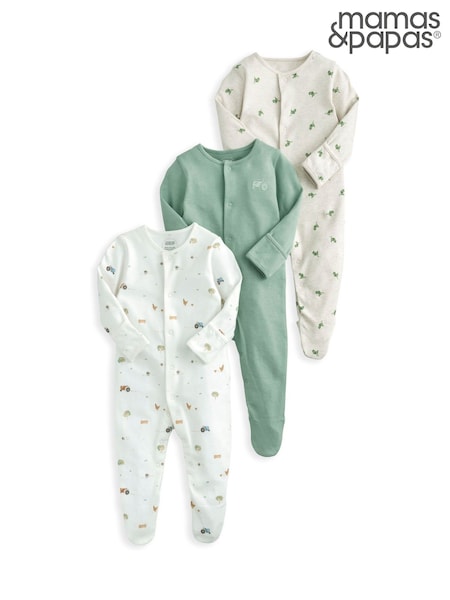 Mamas & Papas Green 100% Cotton Farmyard Sleepsuits 3 Pack (F61674) | 34 €