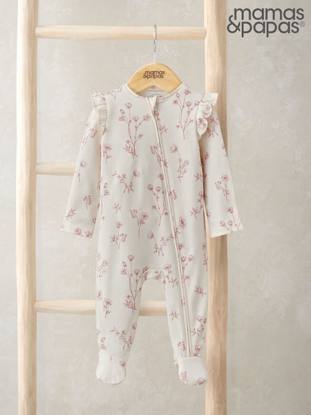 Mamas & Papas Pink 100% Cotton Floral Print Zip Sleepsuit (F61675) | kr228