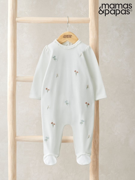 Mamas & Papas 100% Cotton Embroidered Flower White Sleepsuit (F61679) | 171 LEI
