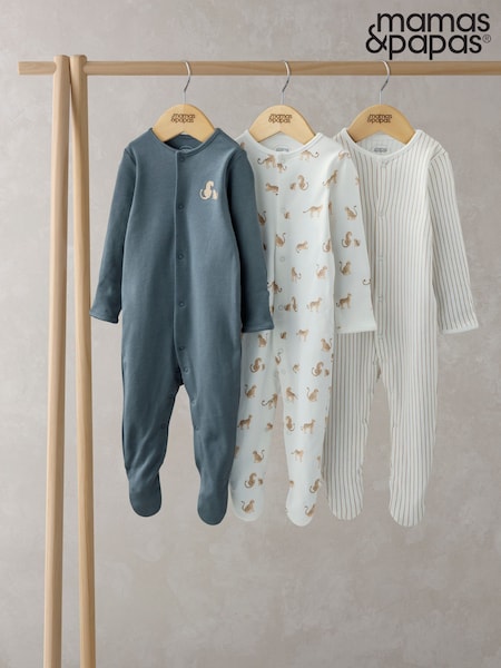 Mamas & Papas Blue 100% Cotton Leopard Print Sleepsuits 3 Pack (F61693) | 31 €