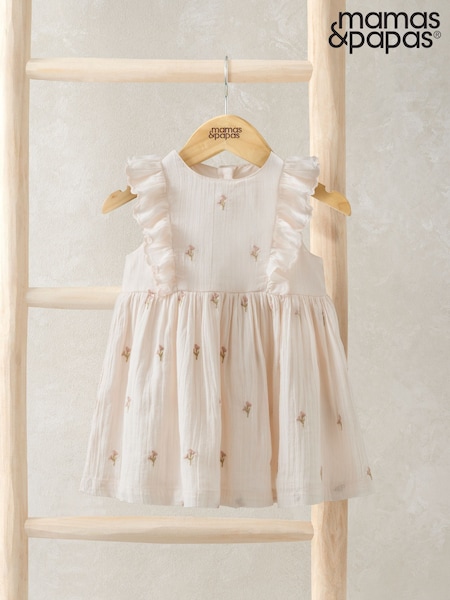 Mamas & Papas Pink Flower Embroidered Frill 100% Cotton Dress (F61699) | ₪151
