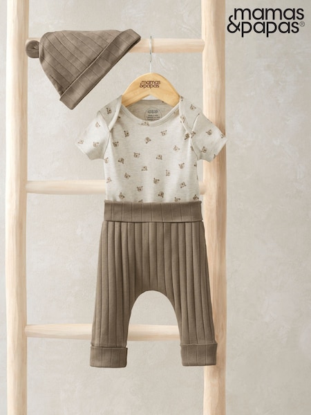 Mamas & Papas 100% Cotton Bear Brown Bodysuit Leggings And Hat Set (F61710) | 37 €