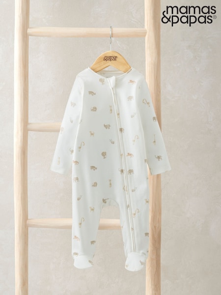 Mamas & Papas Cream Safari Print Asymmetric Zip 100% Cotton Sleepsuit (F61711) | €25