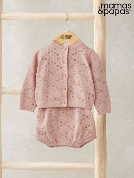 Mamas & Papas Pink 100% Cotton Knitted Romper And Cardigan Set (F61725) | €51