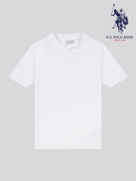 U.S. Polo Assn. White Mens Texture Open Collar Knit 100% Cotton Polo Shirt (F61730) | €86