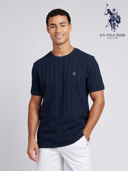 U.S. Polo Assn. Blue Mens Double Horsemen Vertical Stripe Textured 100% Cotton T-Shirt (F61746) | 173 QAR