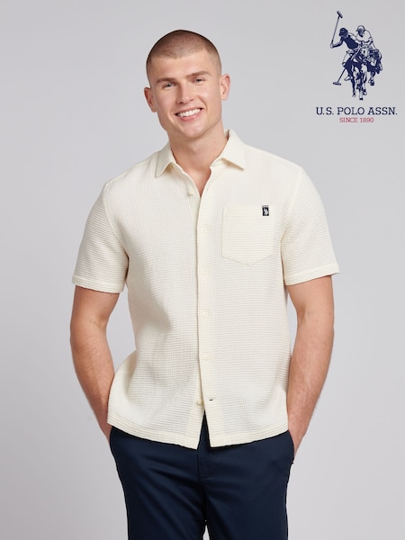 U.S. Polo Assn. White Mens Textured Waffle Short Sleeve 100% Cotton Shirt (F61752) | AED408