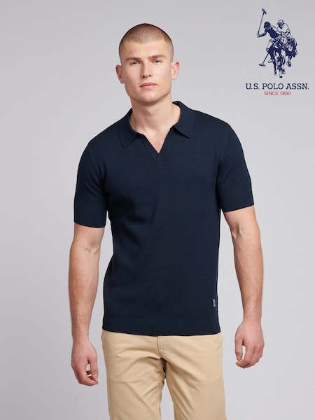 U.S. Polo Assn. Blue Mens Texture Open Collar Knit 100% Cotton Polo Shirt (F61759) | R$ 640