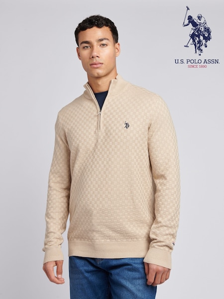 U.S. Polo Assn. Natural Mens Checkerboard Funnel Neck 1/4 Zip Knit Jumper (F61769) | €114