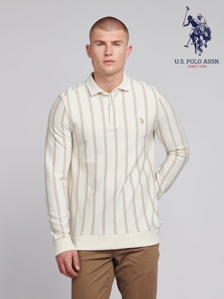 U.S. Polo Assn. Cream Mens Vertical Stripe Sweat Rugby 100% Cotton Shirt (F61816) | €99