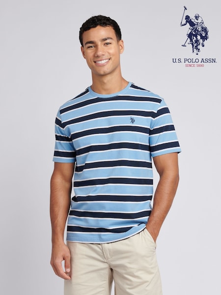 U.S. Polo Assn. Light Blue Mens Stripe Double Horsemen 100% Cotton T-Shirt (F61830) | €50