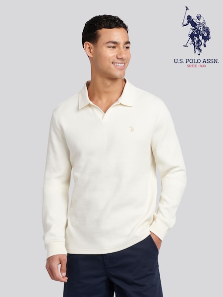 U.S. Polo Assn. Cream Mens Waffle Texture Open Collar Long Sleeve Polo Shirt (F61838) | 371 QAR