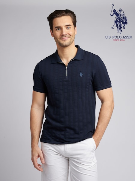 U.S. Polo Assn Dark Blue Mens Stripe Textured Zip Polo Shirt (F61844) | €79