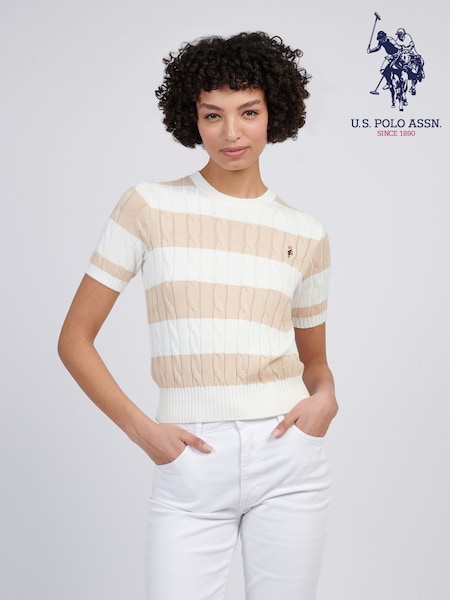 U.S. Polo Assn Cream Womens Stripe Loose Cable Knit Short Sleeve 100% Cotton Jumper (F61866) | kr857