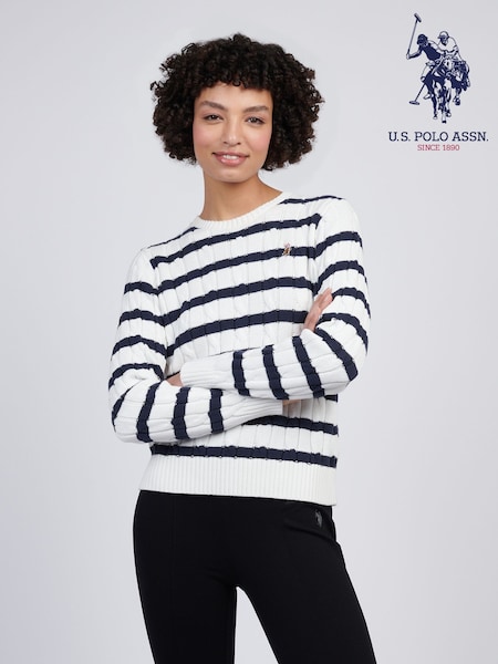 U.S. Polo Assn White Women Thin Stripe Cable Knit 100% Cotton Jumper (F61871) | $114