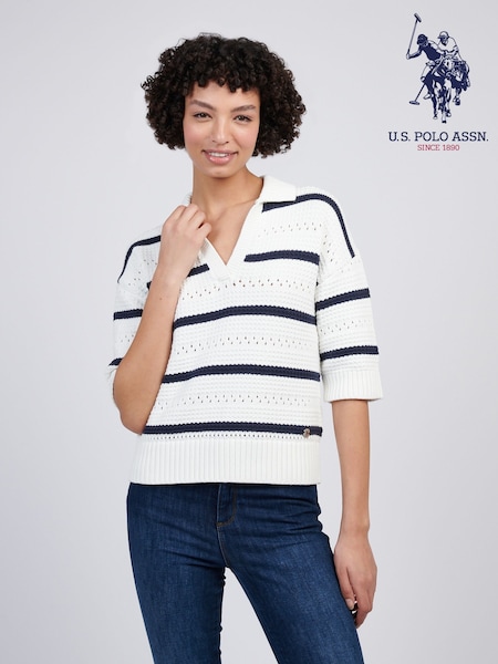 U.S. Polo Assn Blue Womens Open Colour Stripe Pointelle 100% Cotton Jumper (F61878) | 4,506 UAH