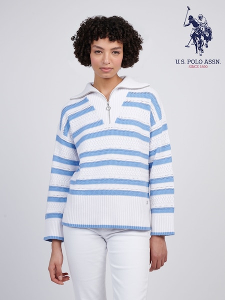 U.S. Polo Assn Blue Womens Pointelle Stripe 1/4 Zip Jumper (F61884) | $131