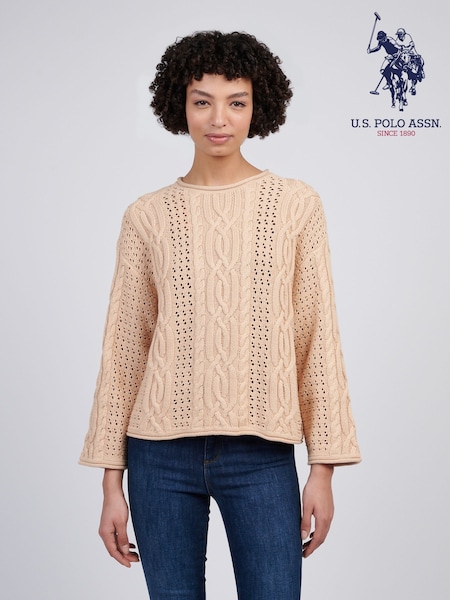 U.s. Polo Assn Womens Chunky Cable Open Knit 100% Cotton Jumper (F61886) | 521 LEI