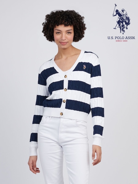 U.S. Polo Assn Womens Stripe Loose Cable Knit 100% Cotton Cardigan (F61888) | € 92