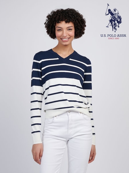 U.S. Polo Assn Blue Womens Stripe V-Neck Fine Knit Jumper (F61890) | 3,605 UAH
