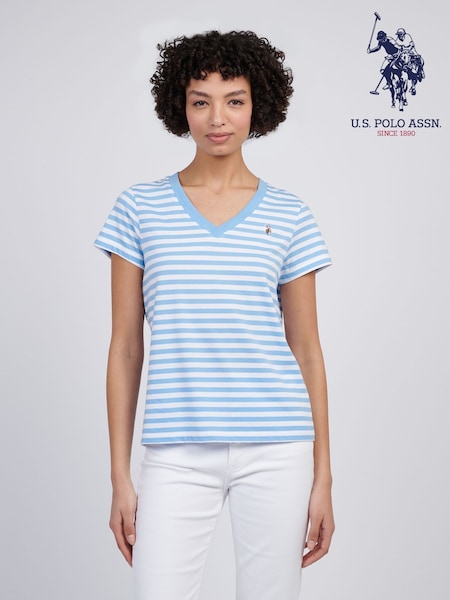 U.S. Polo Assn. Blue Womens Stripe V-Neck 100% Cotton T-Shirt (F61901) | $49