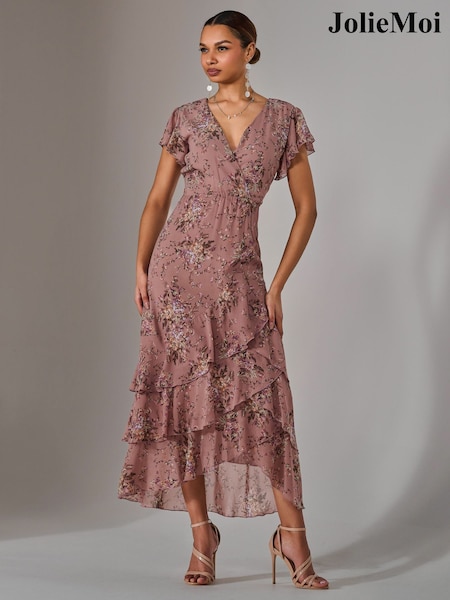 Roz deschis - Rochie maxi petrecută Volane Jolie Moi Imprimeuri (F62180) | 559 LEI