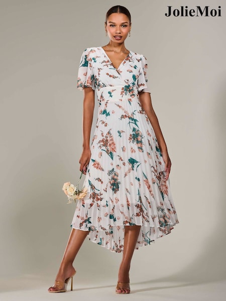 Бежевый - Jolie Moi Angel Sleeve Pleated Chiffon Maxi Dress (F62181) | €99