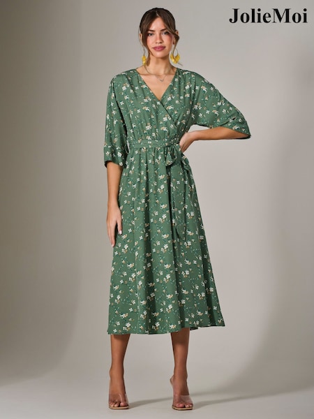 Jolie Moi Green Tie Front Half Sleeve Midi Dress (F62183) | €86